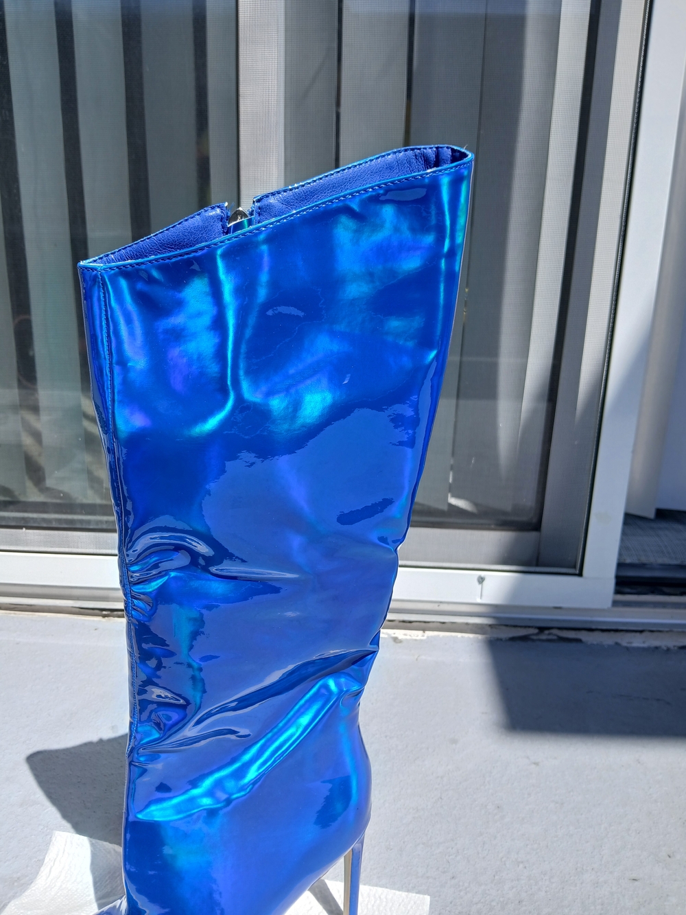 Nova Metallic Electric Blue Knee-High Stiletto Boots - Picture 3 of 10